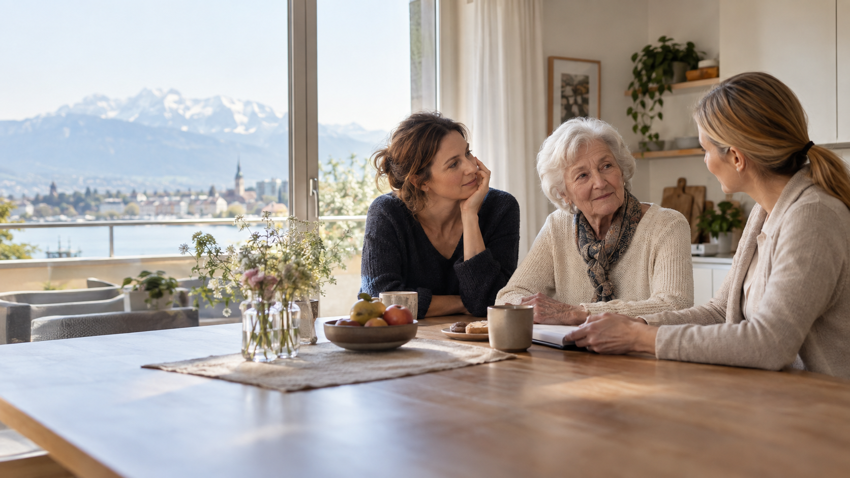 Une femme âgée, sa fille adulte et une accompagnante discutent calmement d'une aide à domicile autour d'une table.