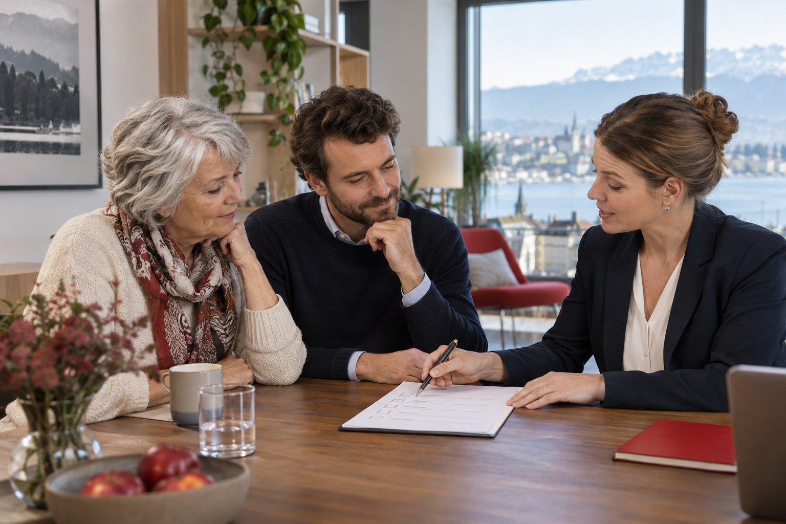 Une famille examine une liste de vérification avec une coordinatrice.