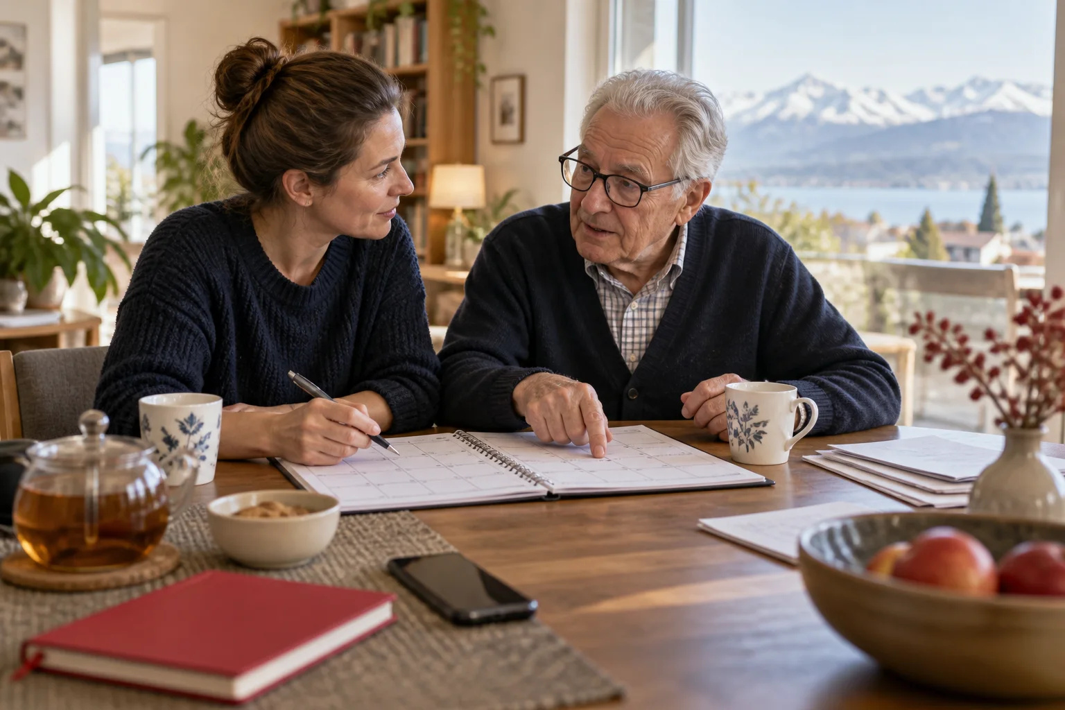 Une fille et son père senior organisent ensemble un calendrier.